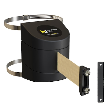 Retractable Belt Barrier Black Clamped Wall Mount, 13' Lt BrwnBelt (M)